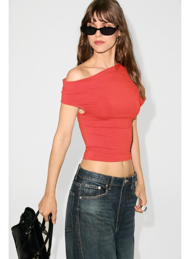 Ethiquet AZURAN Women's Soft and Stretch Fabric One-Shoulder Open Ruffle Detailed Body-Fitting Red Blouse. - Image 1