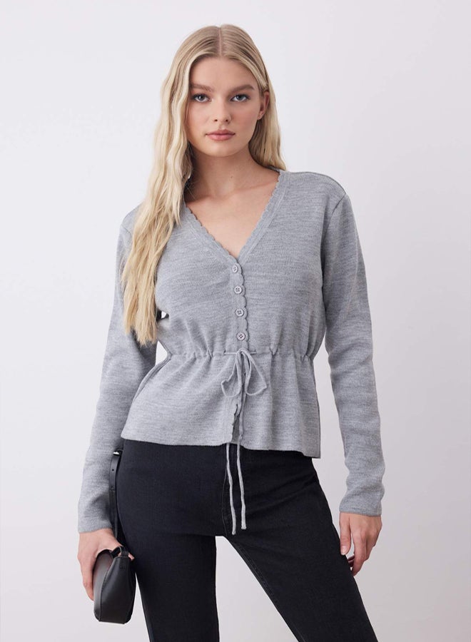 trendyol Light Gray Soft Textured Lace Detailed Knitwear Cardigan - Image 2