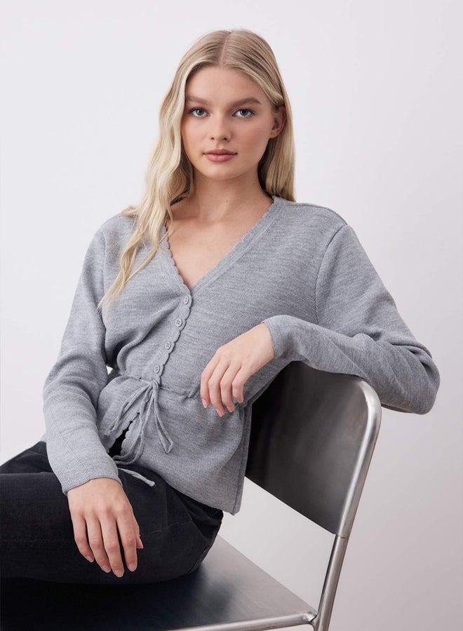 trendyol Light Gray Soft Textured Lace Detailed Knitwear Cardigan - Image 1