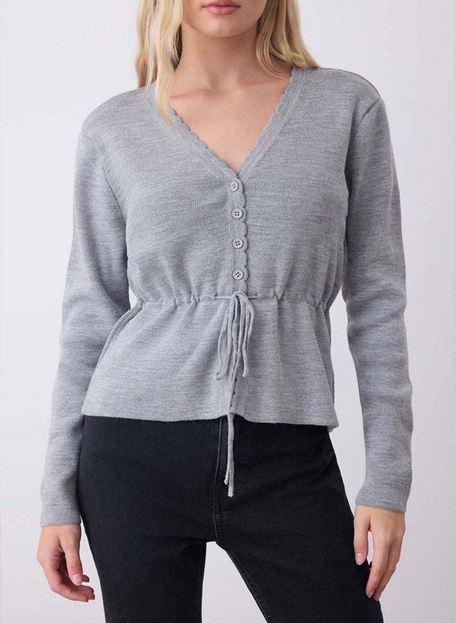 trendyol Light Gray Soft Textured Lace Detailed Knitwear Cardigan - Image 3