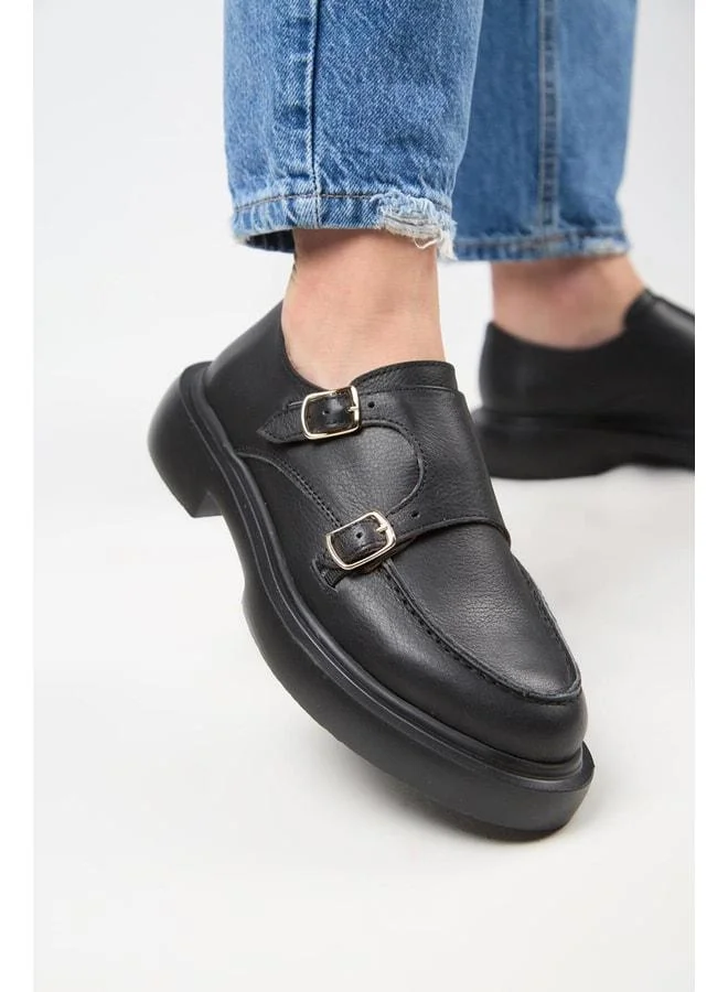 (Bonni) Women's Genuine Leather Double Buckle Black Shoes.