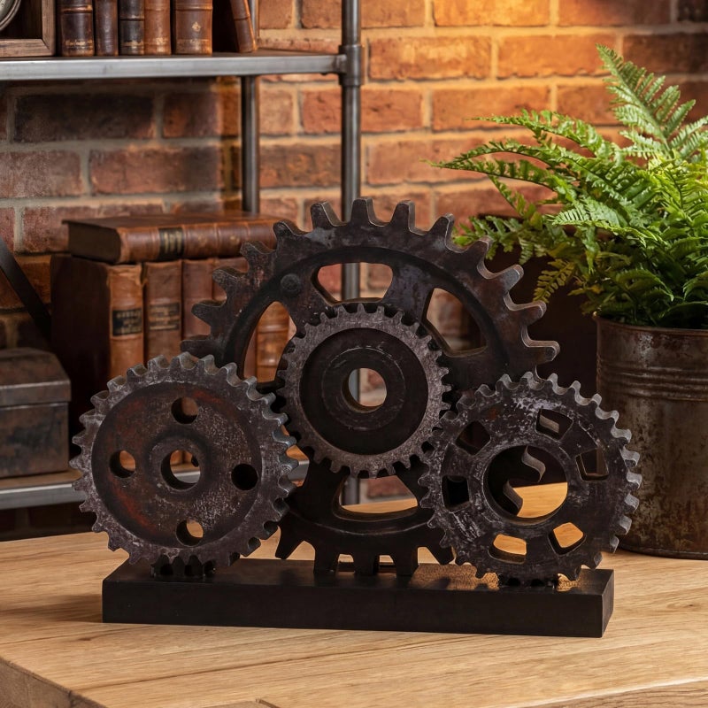 Novabright Steampunk Industrial Gear Train Figurine, Vintage Copper Colored Wooden Gear Wheel Desktop Ornament, Retro Mechanical Steam Punk Gift for Living Room, Bedroom & Office Bookshelf Decor - Image 1