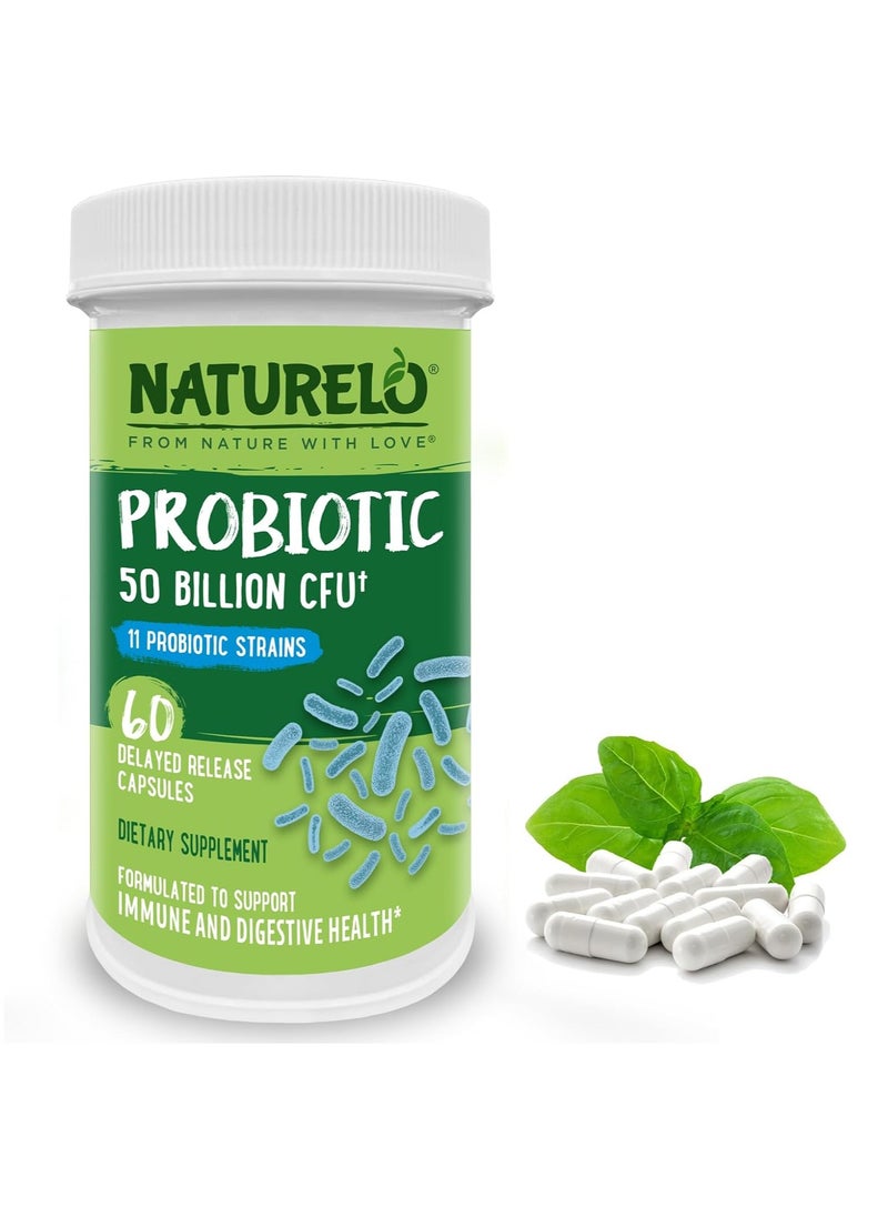 NATURELO - Probiotic 50 Billion CFU And 11Probiotic Strains -formulated to support immune and digestive health 60 Delayed Release Dietary Spplement - Image 1