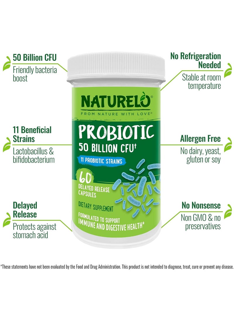 NATURELO - Probiotic 50 Billion CFU And 11Probiotic Strains -formulated to support immune and digestive health 60 Delayed Release Dietary Spplement - Image 1