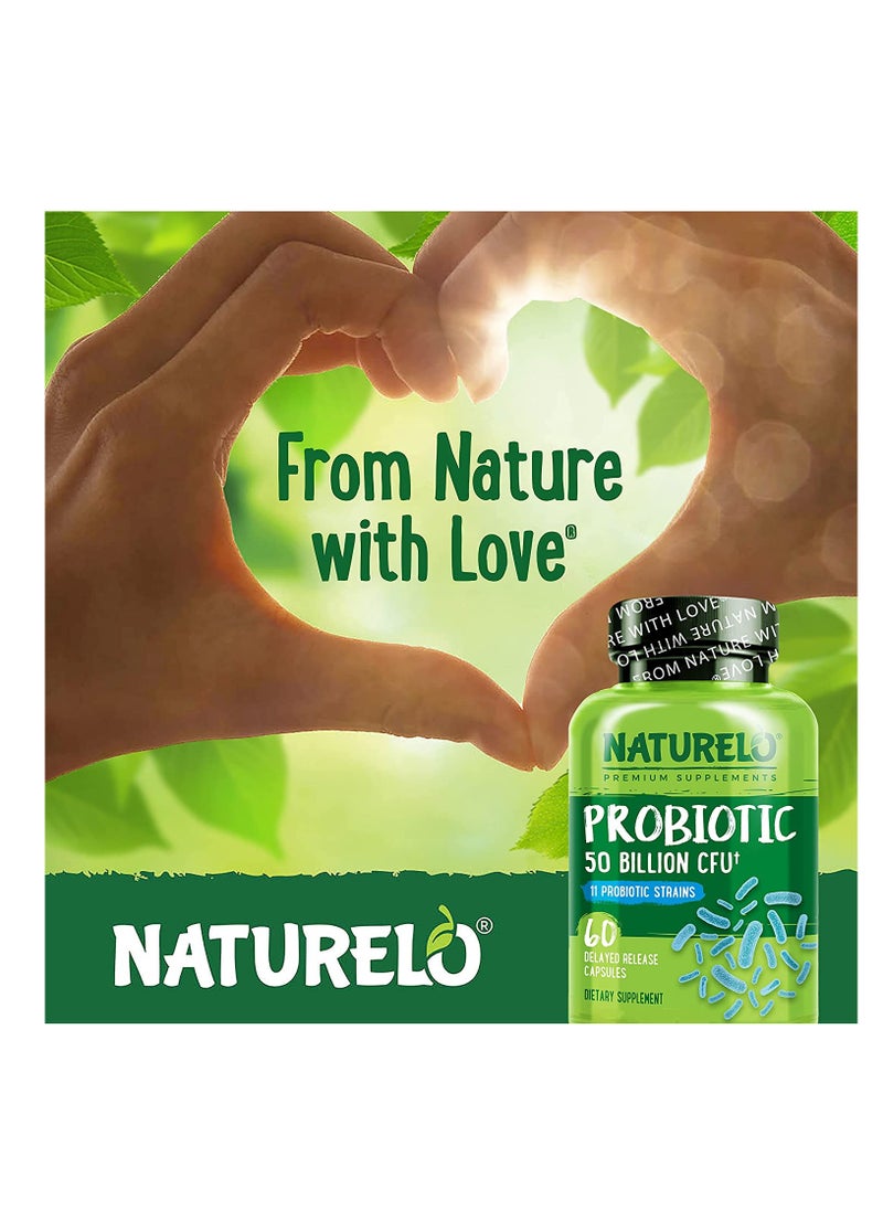NATURELO - Probiotic 50 Billion CFU And 11Probiotic Strains -formulated to support immune and digestive health 60 Delayed Release Dietary Spplement - Image 1
