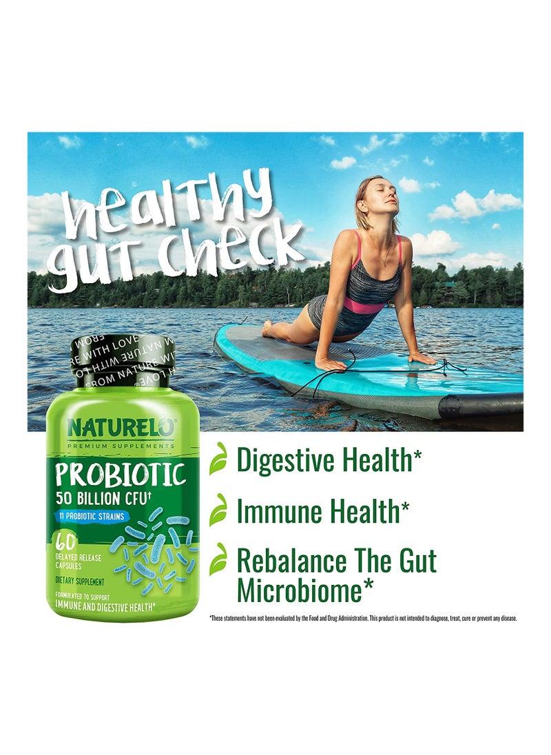 NATURELO - Probiotic 50 Billion CFU And 11Probiotic Strains -formulated to support immune and digestive health 60 Delayed Release Dietary Spplement - Image 1