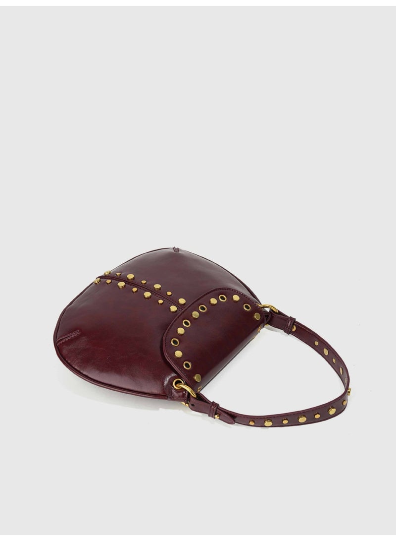 New Vintage Red Metal Studded Magnetic Closure Underarm Bag, Women's Versatile Saddle Shoulder & Handbag - Image 4