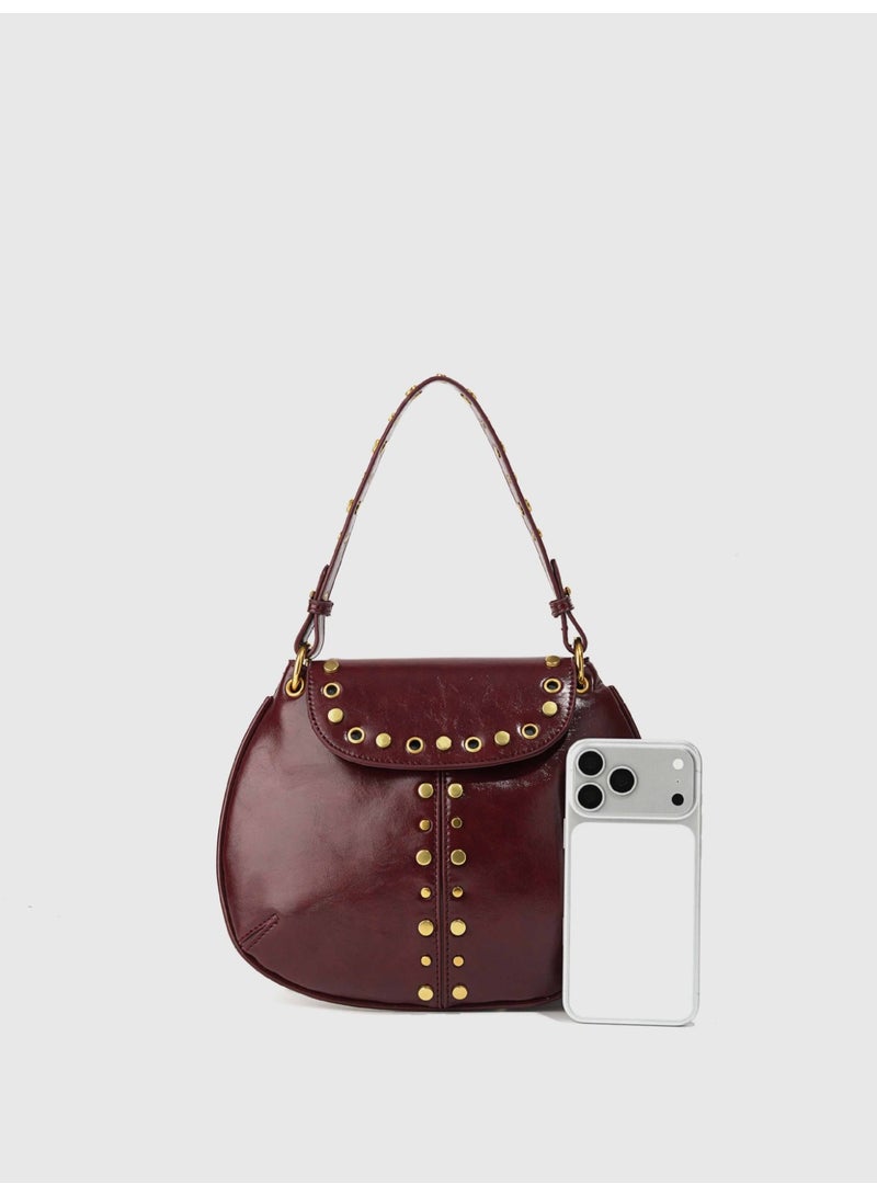 New Vintage Red Metal Studded Magnetic Closure Underarm Bag, Women's Versatile Saddle Shoulder & Handbag - Image 5