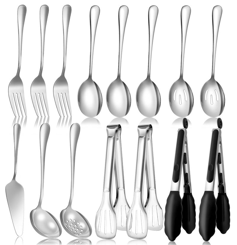 LifeMusican Serving Utensils Set for Partie Silver Stainless Steel Metal Serveware Large Serving Spoons Slotted Spoons Forks Tongs Soup and Skimmer Spoon Cake Server for Buffet Catering Entertaining 15pcs