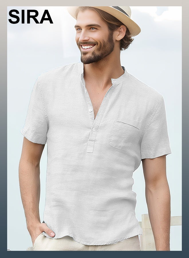 SIRA Men's Linen Shirt - Breathable & Soft Casual Loose Fit Shirt with Stand Collar, Perfect for Outdoor Travel/Beach/Picnic, Lightweight Cotton Linen Shirt for Men, Students & Office Wear White - Image 1