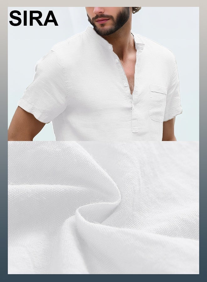SIRA Men's Linen Shirt - Breathable & Soft Casual Loose Fit Shirt with Stand Collar, Perfect for Outdoor Travel/Beach/Picnic, Lightweight Cotton Linen Shirt for Men, Students & Office Wear White - Image 3