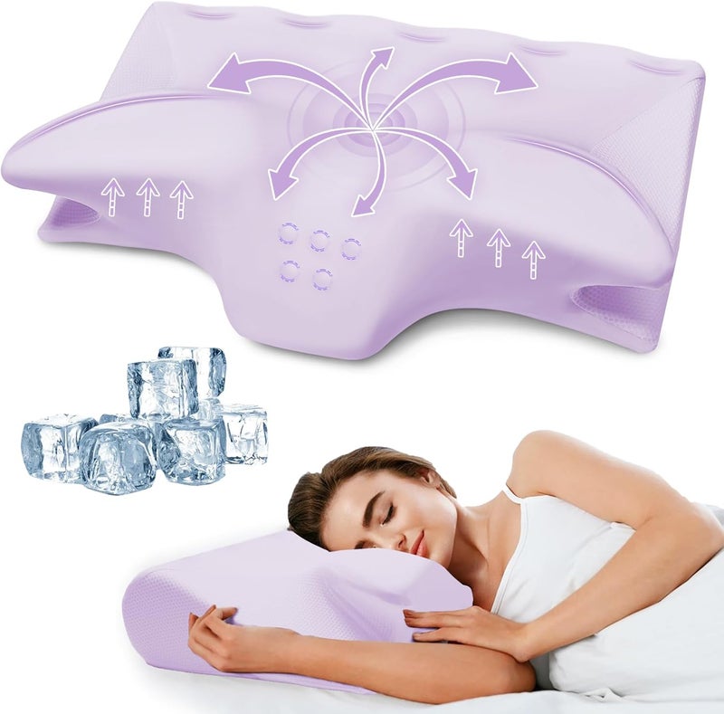 BEDCOOL Cervical Neck Pillow for Pain Relief,Ergonomic Contour Memory Foam Pillows for Sleeping,Cooling odorless Neck Support Pillow for Side Back Stomach Sleeper,with Washable Pillowcase,Purple - Image 1