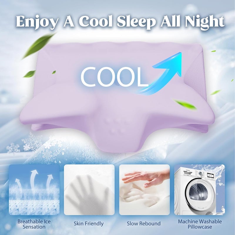 BEDCOOL Cervical Neck Pillow for Pain Relief,Ergonomic Contour Memory Foam Pillows for Sleeping,Cooling odorless Neck Support Pillow for Side Back Stomach Sleeper,with Washable Pillowcase,Purple - Image 3