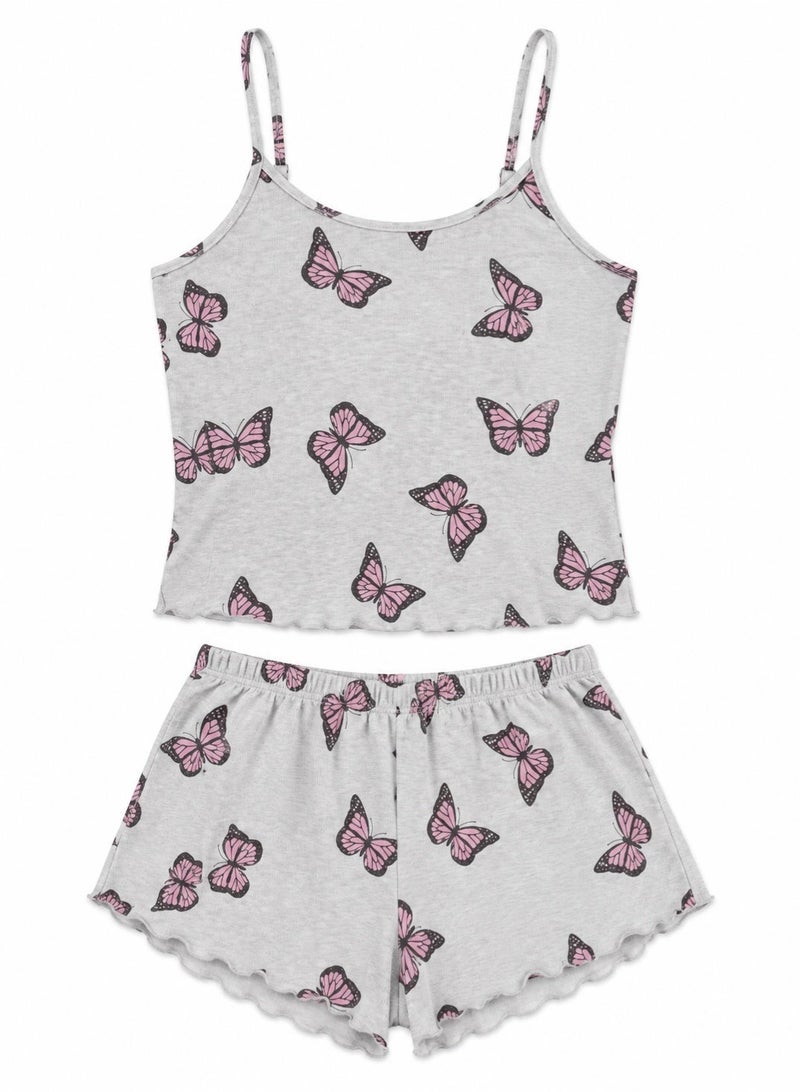 zecotex  Women's 2-Piece Ribbed Cotton Pajama Set - Cami Top & Butterfly Print Shorts - Grey - Image 3