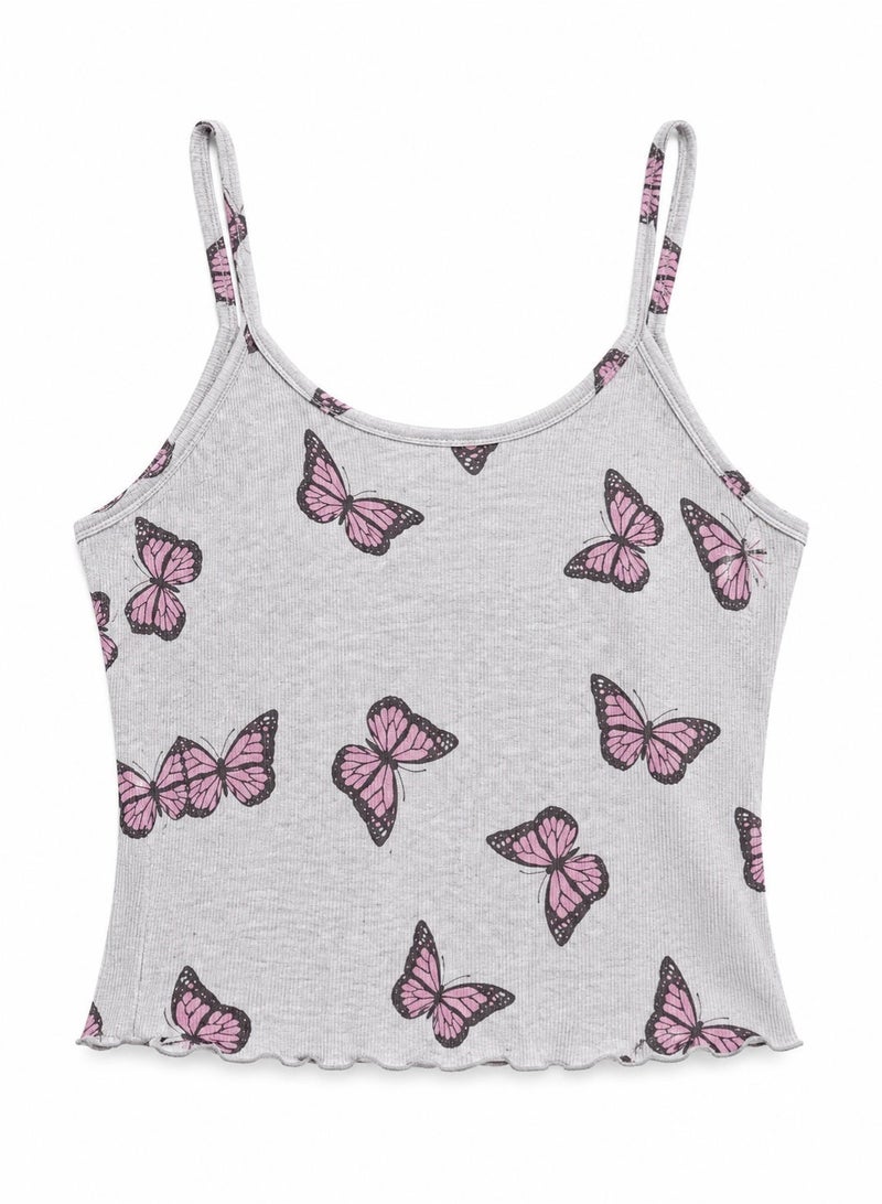 zecotex  Women's 2-Piece Ribbed Cotton Pajama Set - Cami Top & Butterfly Print Shorts - Grey - Image 5