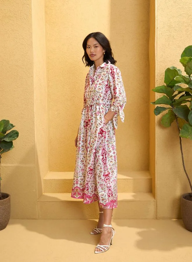 SASSAFRAS White Floral Front Button Belt Midi Dress