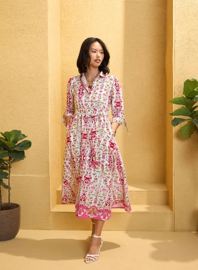 SASSAFRAS White Floral Front Button Belt Midi Dress