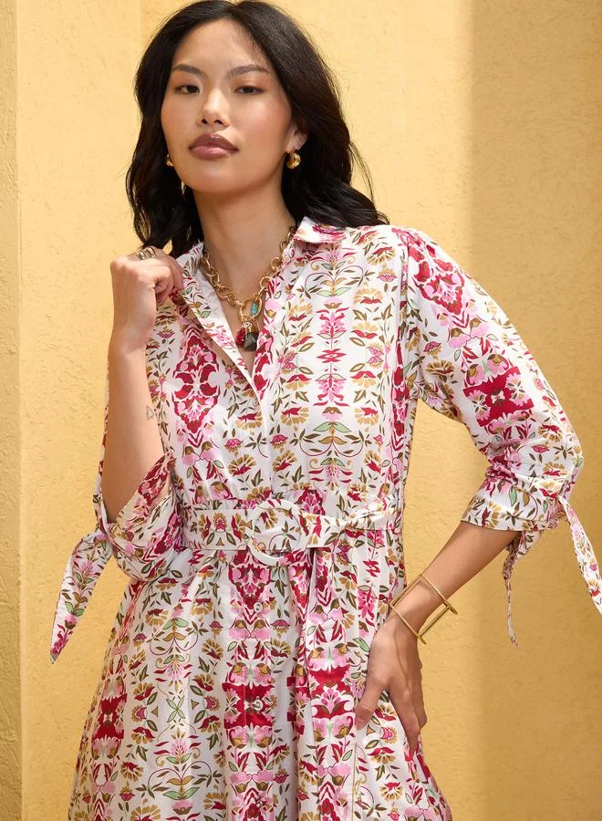 SASSAFRAS White Floral Front Button Belt Midi Dress