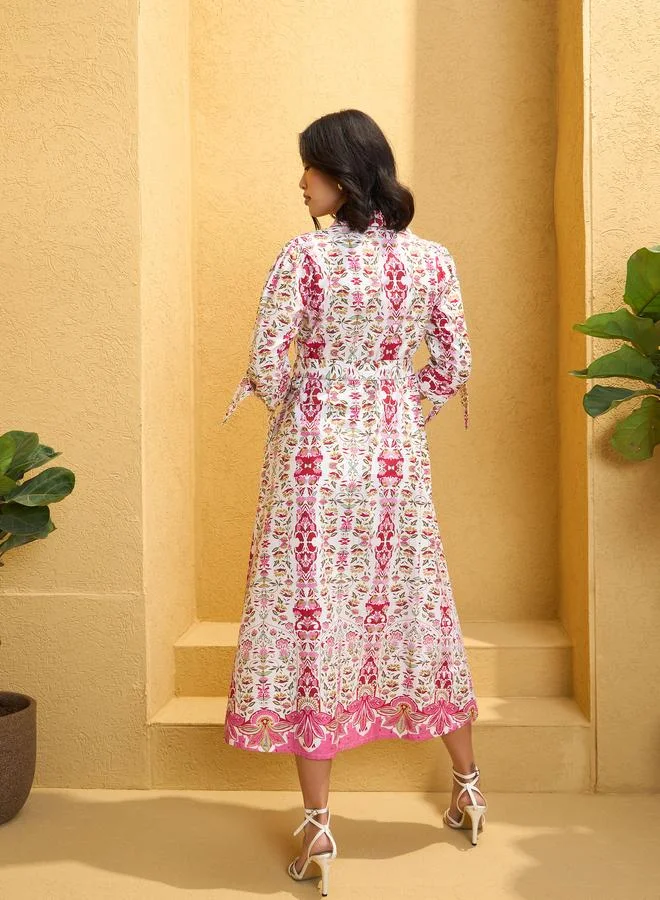 SASSAFRAS White Floral Front Button Belt Midi Dress