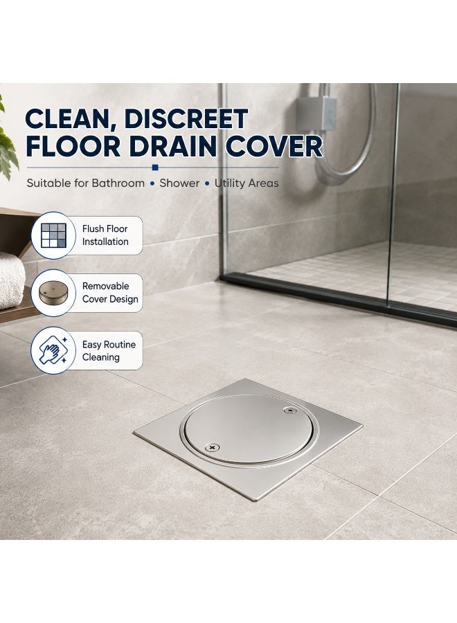 6 × 6 Inch Stainless Steel Floor Drain Cover, 2-Pieces Square Floor Trap with Removable Solid Round Lid, Screw-Fixed Shower Drain Plate for Bathroom, Kitchen, Balcony & Laundry Room - Image 2