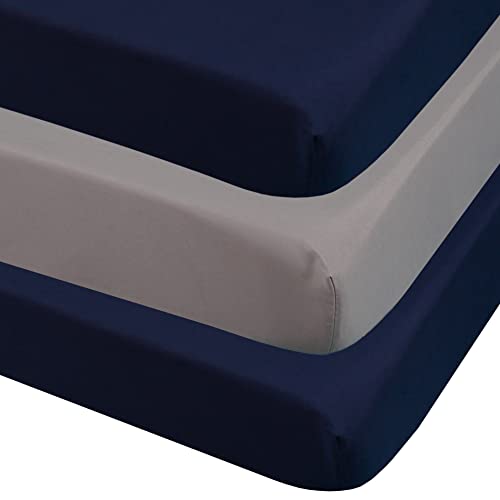 CaSaJa 3-Pack Fitted Crib Sheets Set for Baby Boys, Extra Soft Breathable 9" Deep Mattress Sheet for Standard Toddler Bed 28x52, Cozy Washable Microfiber Nursery Sheets, 2 Navy Blue/1 Charcoal Gray - Image 1