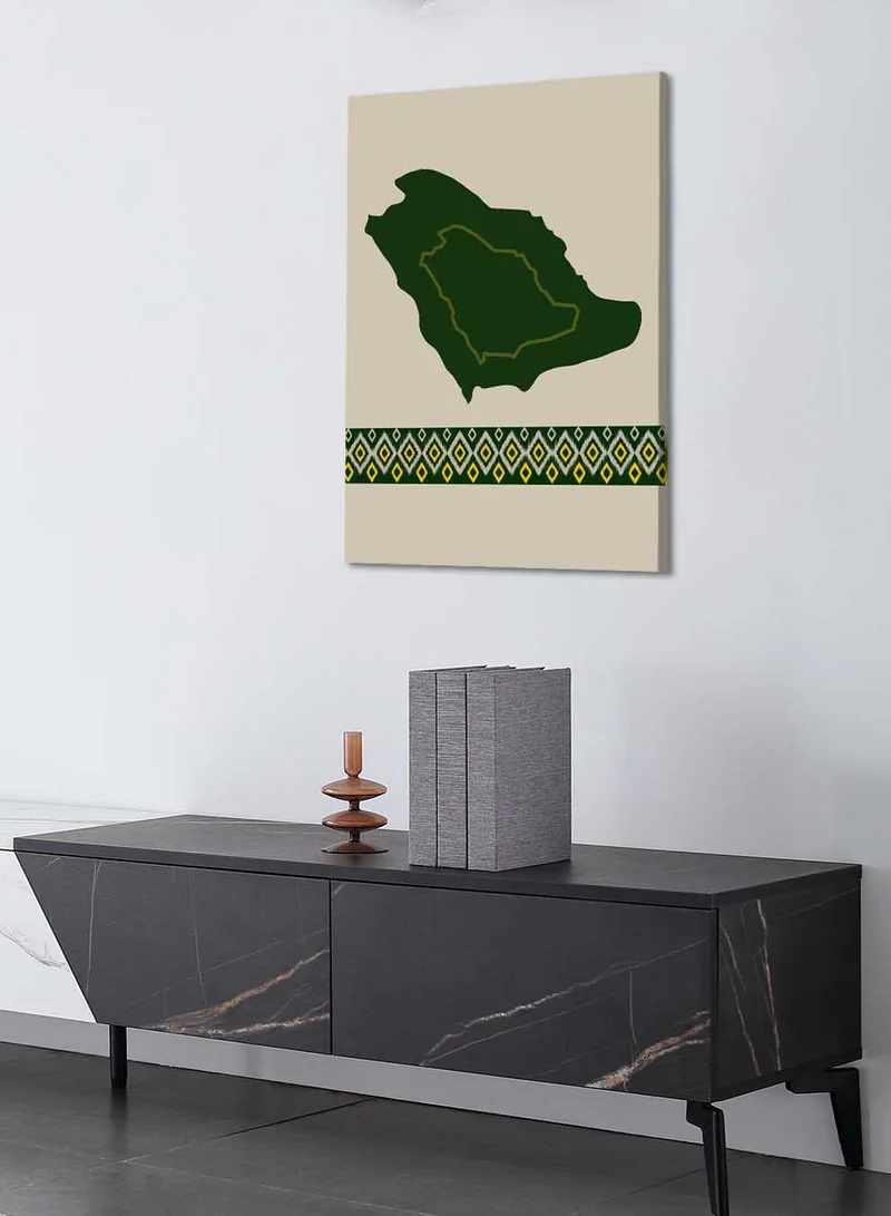 لوحة لوحة كانفاس على إطار خشبي تجسّد خريطة المملكة بتصميم مستوحى من الطابع السعودي