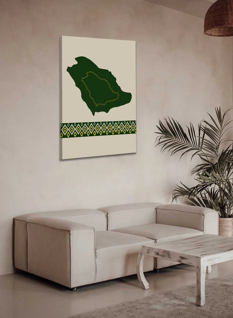 لوحة لوحة كانفاس على إطار خشبي تجسّد خريطة المملكة بتصميم مستوحى من الطابع السعودي