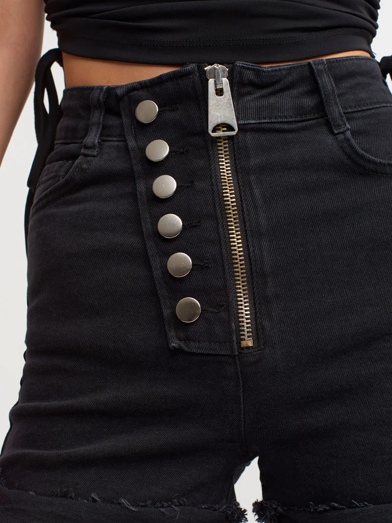 Dilvin 70279 Thick Front Zippered Jean Shorts-Black