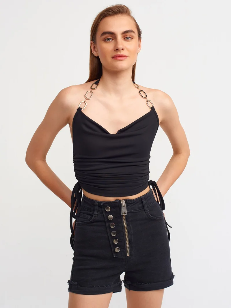 Dilvin 70279 Thick Front Zippered Jean Shorts-Black