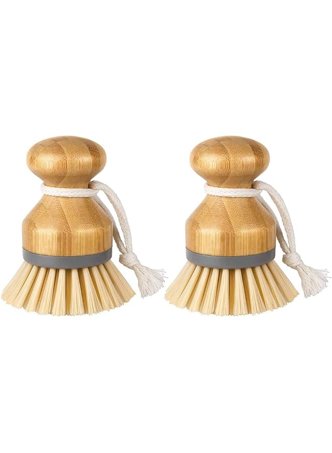 Zaboon Bamboo Palm Brush Scrub Brush For Dishes Pots Pans Kitchen Sink Bathroom Household Cleaning Natural Wood Stiff Bristles Pack Of 2 Log Color And Grey - Image 1