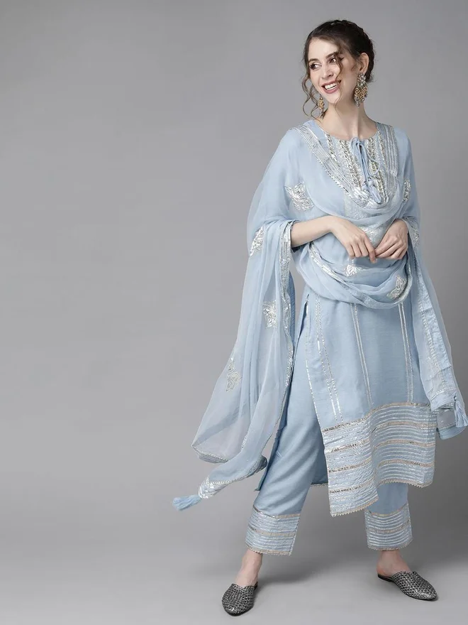 ISHIN Women Blue Silver Pure Silk Kurta with Trousers and Dupatta Set