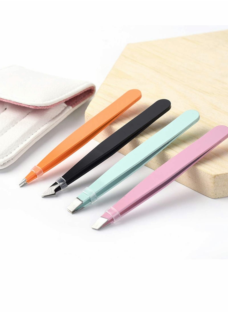 KASTWAVE Eyebrow Tweezers Set Professional Stainless Steel Tweezers Set (4 colors) with Leather Bag Case for eyebrow and Eyelash tweezer for Ingrown Hair, Facial Hair, Blackhead and Tick Remove  - Image 4
