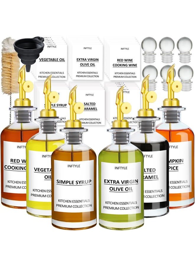 INFTYLE 12oz Olive Oil Dispenser Coffee Syrup Bottles Set of 6, Glass Cooking Oil and Vinegar Bottle Drizzler for Kitchen, with Pourer Spout, Stopper Labels Funnel Brush - Image 1