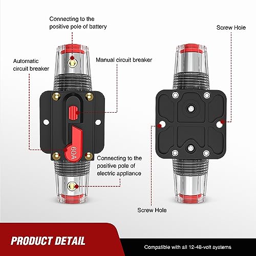 Nilight 60A Inline Circuit Breaker Resettable 12-24V DC Manual Reset Fuse Holder 3-15AWG Overload Protection for Car Audio Sound Amplifier System RV Marine Boat Truck Solar Inverter - Image 2