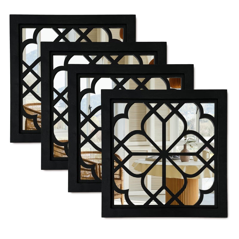ZEXUIRU Set of 4 Wooden Rustic Square Wall Mirror Vintage Style Decorative Entry Mirror Farmhouse Wall Decoration for Living Room Bedroom Bathroom Kitchen 11.8 * 11.8inch Blackâ€¦ - Image 1