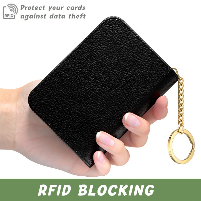 Aiawoxc Credit Card Holder for Women, Small RFID Wallet Slim Leather Business Card Organizer Case with Zipper and Keychain, Black - Image 4