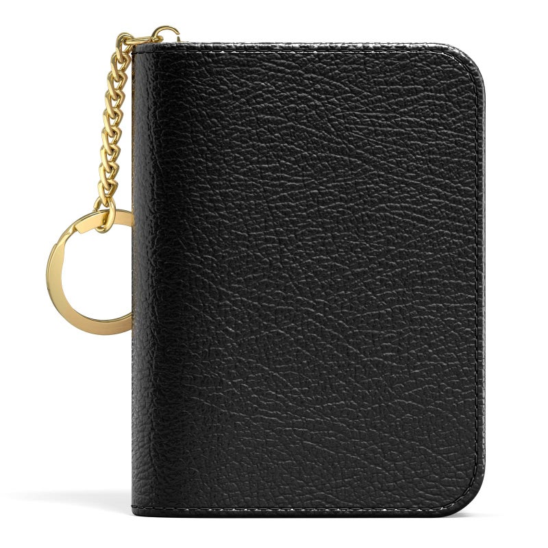 Aiawoxc Credit Card Holder for Women, Small RFID Wallet Slim Leather Business Card Organizer Case with Zipper and Keychain, Black - Image 1