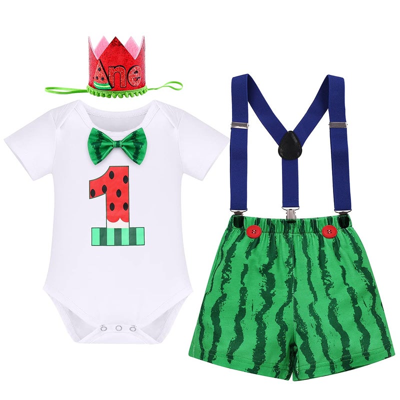 IMEKIS Watermelon 1st Birthday Outfit Baby Boy Cake Smash One in a Melon Outfits Bowtie Romper Bloomers Shorts Pants Suspenders Headband First Watermelon Birthday Party Supplies for Photo Shoot Green 1T