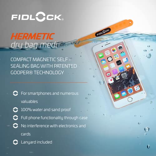 FIDLOCK Hermetic Dry Bag Medi - Flexible Magnetic Self-Sealing Bag for Cellphone | 100% Waterproof and Sand Proof - Practical Size with a Large Opening, with Lanyard Included - Transparent Orange - Image 3