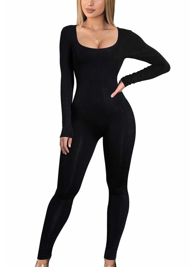 GOBLES Women's Casual Long Sleeve Scoop Neck Slim Fit High Stretch Bodycon Jumpsuits, Black, L - Image 1