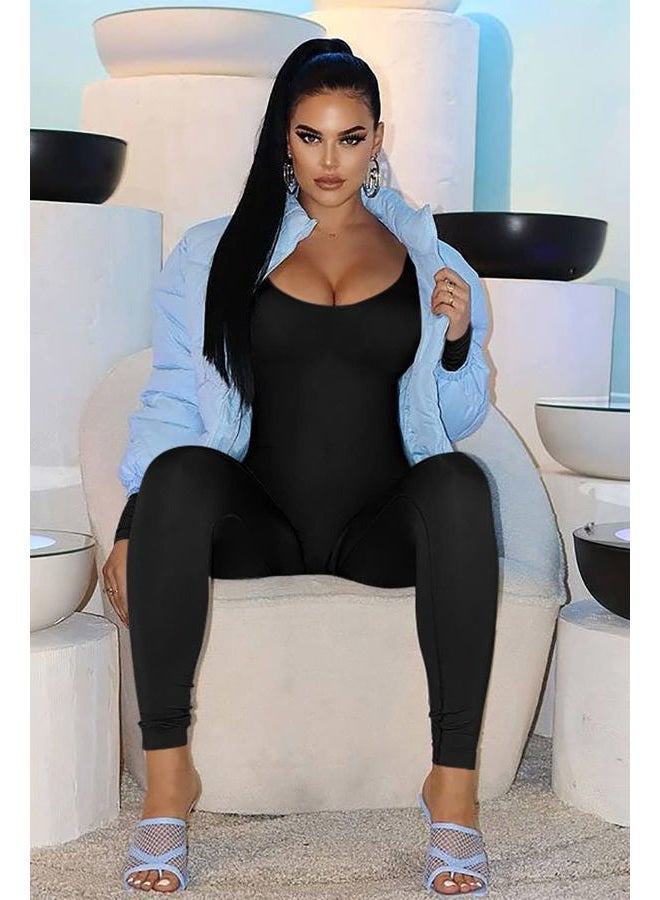 GOBLES Women's Casual Long Sleeve Scoop Neck Slim Fit High Stretch Bodycon Jumpsuits, Black, L - Image 5