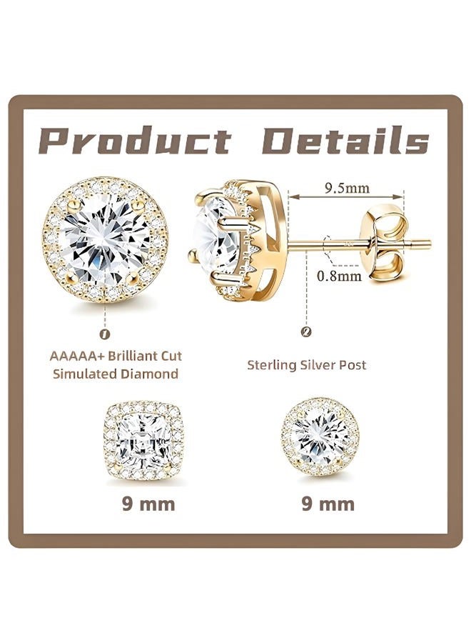 CCBFY 18K White Gold Plated Round Square Cubic Zirconia Simulated Diamond Halo Stud Earrings 2 pairs Set (gold) - Image 5