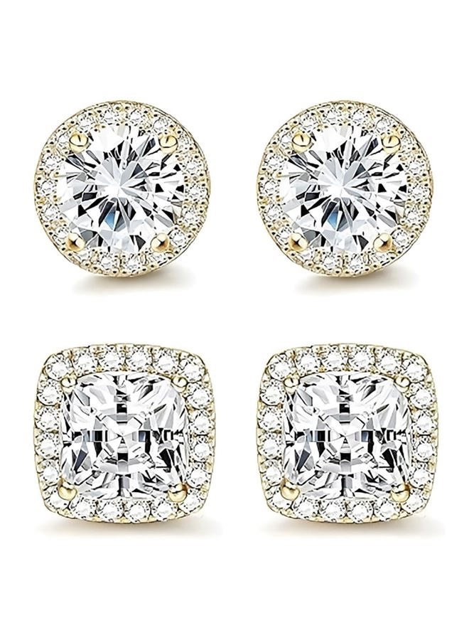 CCBFY 18K White Gold Plated Round Square Cubic Zirconia Simulated Diamond Halo Stud Earrings 2 pairs Set (gold) - Image 2