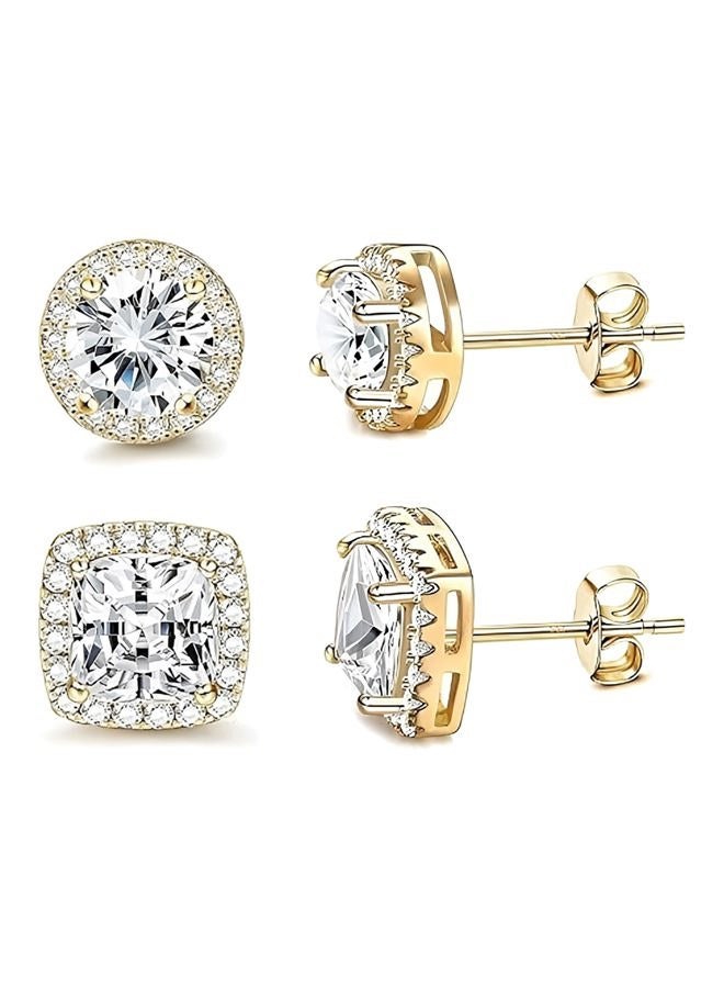 CCBFY 18K White Gold Plated Round Square Cubic Zirconia Simulated Diamond Halo Stud Earrings 2 pairs Set (gold) - Image 1