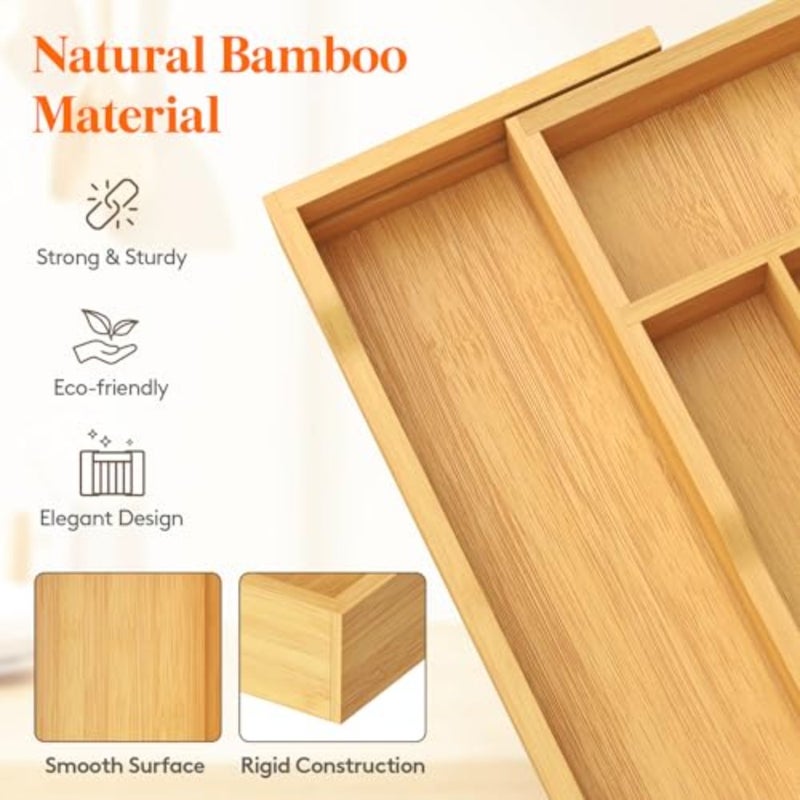 Cutlery Drawer Organiser, Expandable Utensil Tray for Kitchen, Bamboo Silverware and Flatware Holder, Wood Adjustable Storage for Spoons Forks Knives, Large, Natural - Image 5