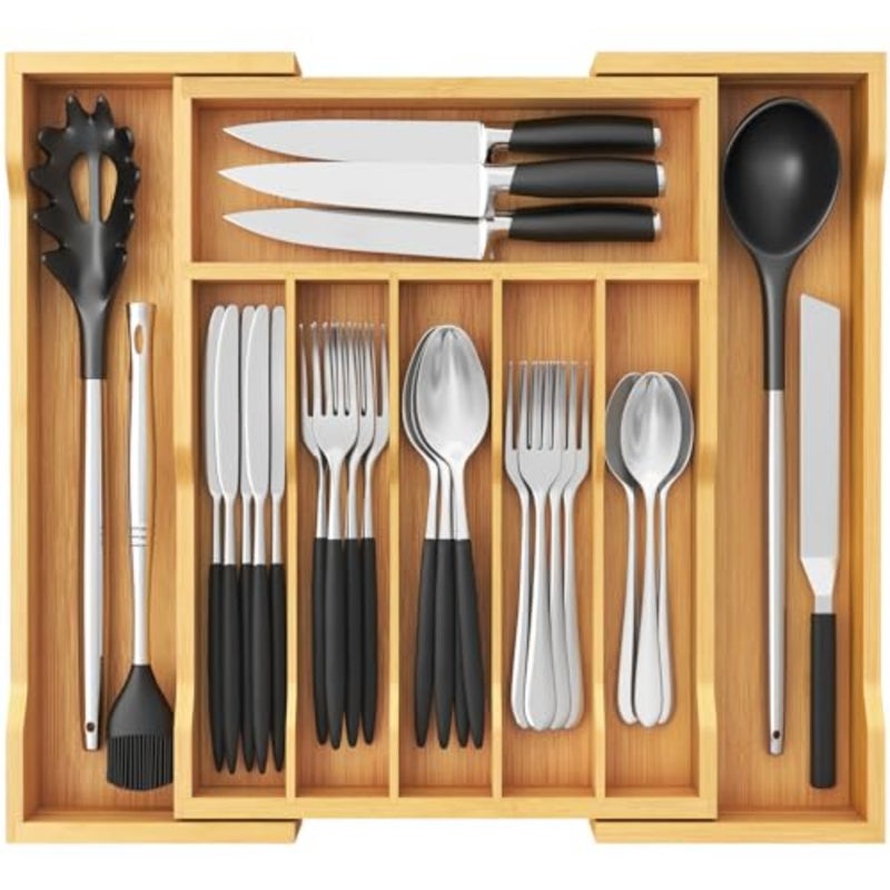 Cutlery Drawer Organiser, Expandable Utensil Tray for Kitchen, Bamboo Silverware and Flatware Holder, Wood Adjustable Storage for Spoons Forks Knives, Large, Natural - Image 1