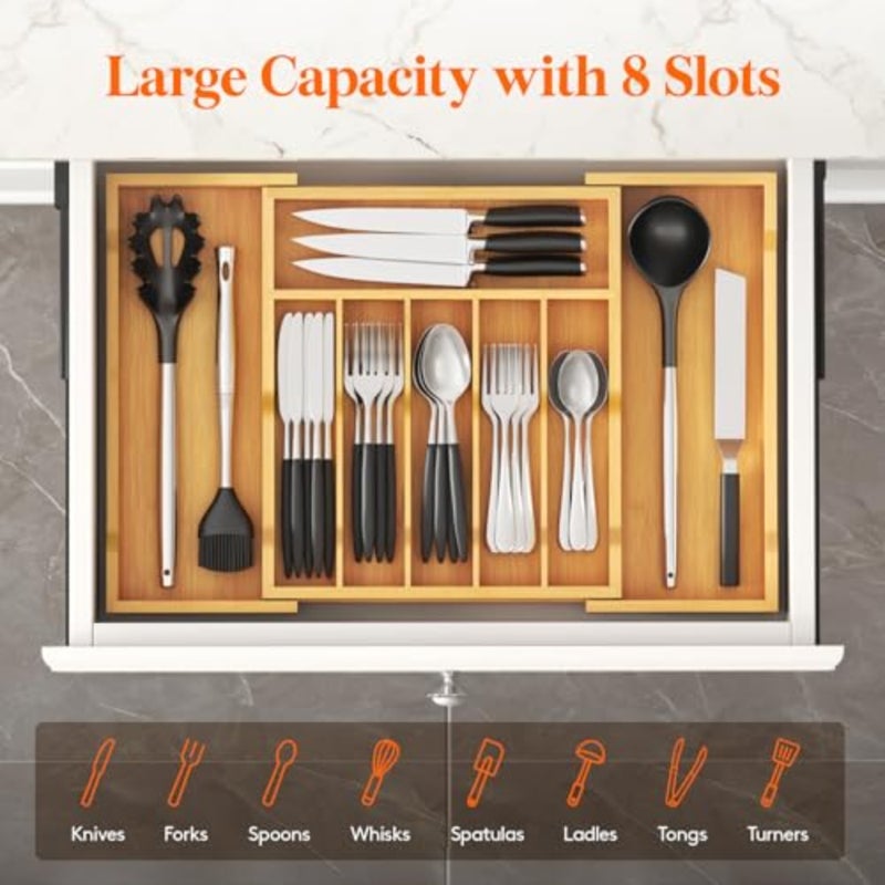 Cutlery Drawer Organiser, Expandable Utensil Tray for Kitchen, Bamboo Silverware and Flatware Holder, Wood Adjustable Storage for Spoons Forks Knives, Large, Natural - Image 2