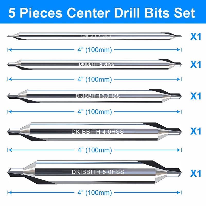 DKIBBITH 5pc Long Center Drill Bit Set, M2 HSS 60-Degree Angle 4'' Overall Length Center Drill Bits Kit, Countersink Tools for Metalworking Lathe Milling and Countersinking, Size 1.0 2.0 3.0 4.0 5.0 - Image 2