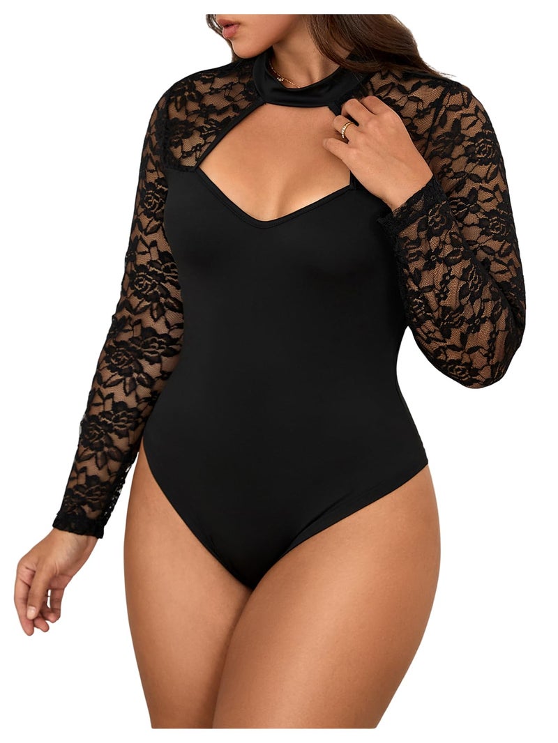 MakeMeChic Women's Plus Size Floral Lace Bodysuit Fall Mock Neck Long Sleeve Cut Out Tee Shirts Black 1XL - Image 1