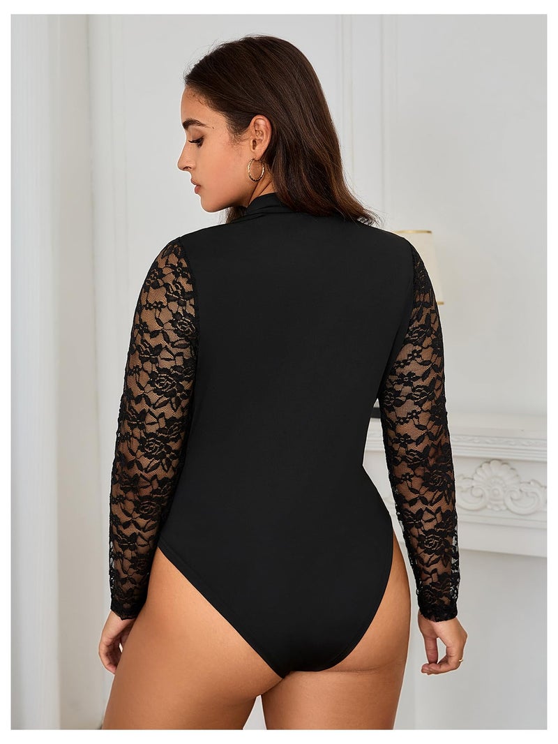 MakeMeChic Women's Plus Size Floral Lace Bodysuit Fall Mock Neck Long Sleeve Cut Out Tee Shirts Black 1XL - Image 2